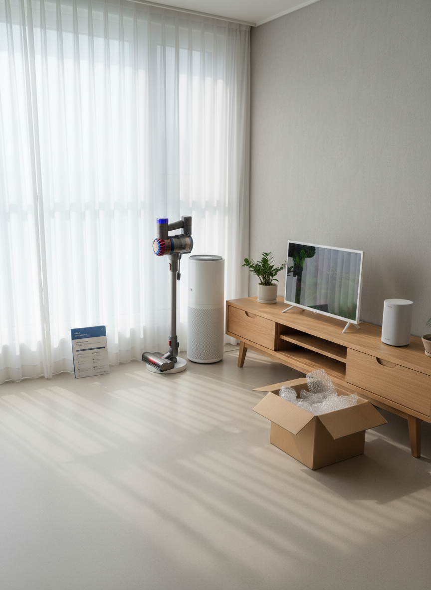 A tidy living-room corner in a Korean apartment showcasing carefully chosen, budget-conscious appliances. A low, light-wood TV stand holds a small, frameless TV and a compact white soundbar, beside a single, sleek air purifier. On the floor, a cordless vacuum with a simple, timeless design leans against the wall. Nearby, an open, unbranded cardboard box contains bubble wrap and a single folded instruction leaflet, suggesting a recent, considered purchase. Large, sheer curtains filter bright but soft daylight, casting gentle shadows and a serene glow on the pale floor. Photographic realism, shot with a wide lens at eye level to show the entire corner. The mood is composed, sophisticated, and quietly proud of buying fewer, better, and more efficient household gadgets.
