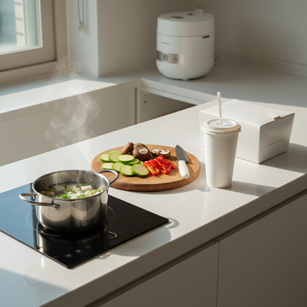 A small, minimalist Korean kitchen counter arranged to compare cost-effective home cooking versus delivery. On one side, a simple stainless-steel pot with simmering clear soup and neatly prepared vegetables on a wooden cutting board; on the other, a single, unopened generic delivery container and a disposable drink cup, all unlabeled. The counter is clean white quartz with a compact induction cooktop and a slim rice cooker in the background. Soft diffused afternoon daylight enters from the left, creating mild contrast and natural shadows. Photographic realism with a slightly elevated angle, capturing the whole counter. The atmosphere feels practical and composed, highlighting quiet, everyday choices that reduce living expenses without preaching, in a clean, modern Korean home setting.